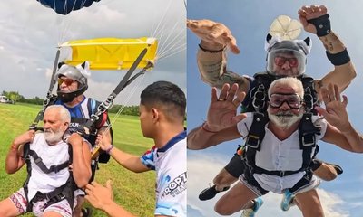 15,000 ಅಡಿಯಿಂದ ಸ್ಕೈ ಡೈವ್ ಮಾಡಿದ 80 ವರ್ಷದ ಅಜ್ಜ!