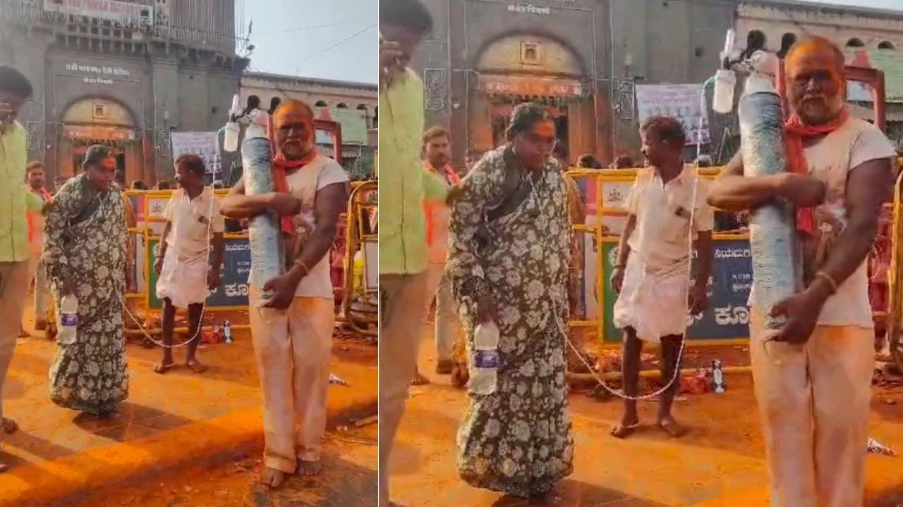 ಉಸಿರಾಟ ತೊಂದರೆ; ಆಕ್ಸಿಜನ್ ಸಿಲಿಂಡರ್‌ ಸಮೇತ ತೆರಳಿ ಪತ್ನಿಗೆ ಮಾಯಕ್ಕ ದೇವಿ ದರ್ಶನ ಮಾಡಿಸಿದ ಪತಿ