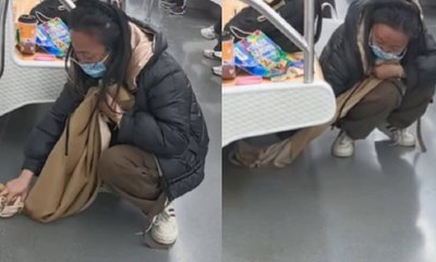 ರೈಲಿನಲ್ಲಿ ಚೆಲ್ಲಿದ ಟೀ ಸ್ವಚ್ಛಗೊಳಿಸಲು ಸ್ಕಾರ್ಫ್ ಬಳಸಿದ ಮಹಿಳೆ