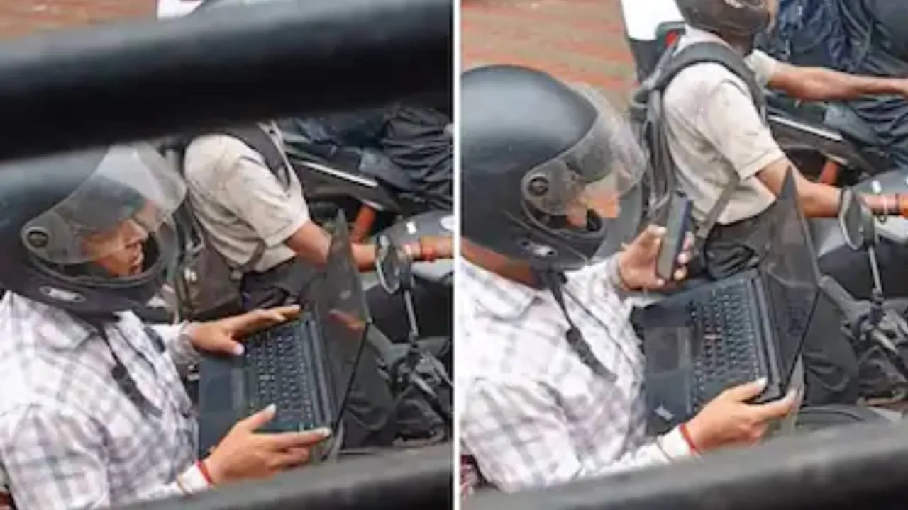 "ಕಾರ್ಪೊರೇಟ್ ಉದ್ಯೋಗದ ಕರಾಳ ಮುಖ": ಟ್ರಾಫಿಕ್ ಜಾಮ್‌ನಲ್ಲಿ ಬೈಕ್‌ನಲ್ಲಿ ಕುಳಿತು ಲ್ಯಾಪ್‌ಟಾಪ್ ತೆರೆದು ಕೆಲಸ ನಿರ್ವಹಿಸಿದ ಉದ್ಯೋಗಿ