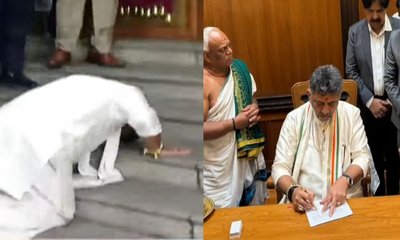 ಸಾಷ್ಟಾಂಗ ನಮಸ್ಕಾರ ಮಾಡಿ ಶಕ್ತಿಸೌಧಕ್ಕೆ ಸಿಎಂ ಡಿಕೆಶಿ ಪ್ರವೇಶ