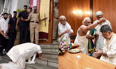 ಸಾಷ್ಟಾಂಗ ನಮಸ್ಕಾರ ಮಾಡಿ ಶಕ್ತಿಸೌಧಕ್ಕೆ ಸಿಎಂ ಡಿಕೆಶಿ ಪ್ರವೇಶ