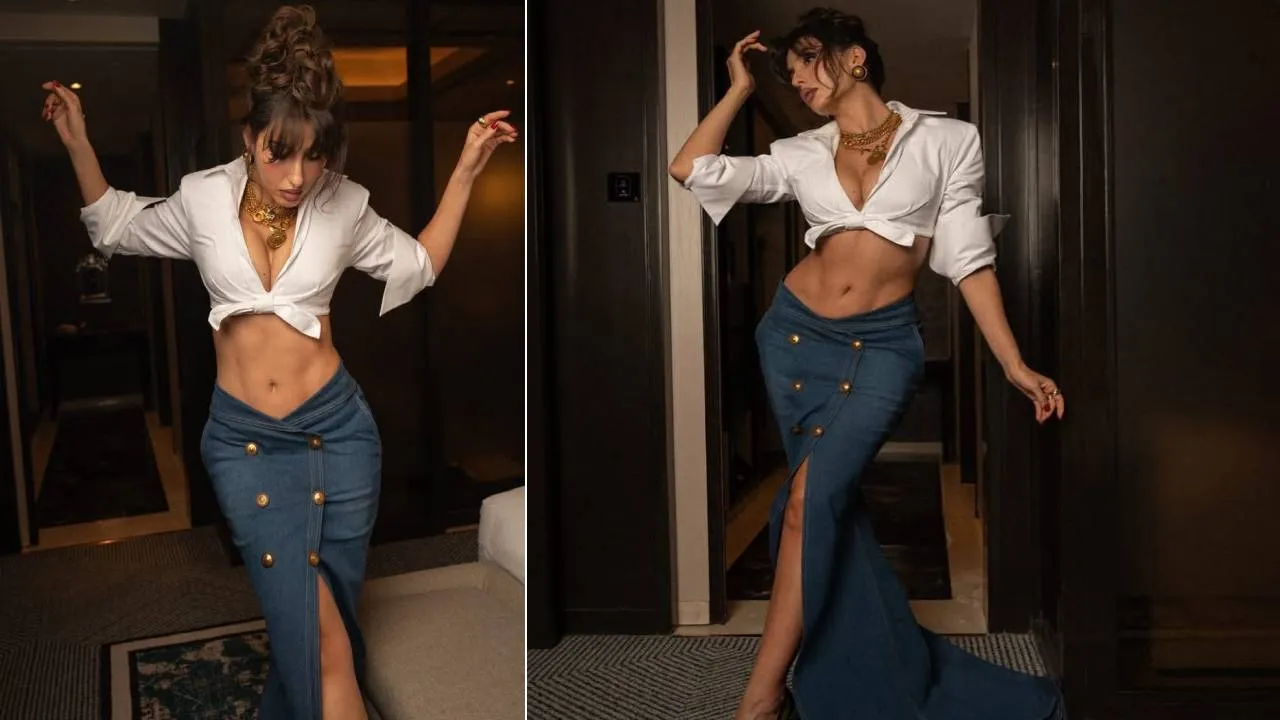 High slit denim skirt and crop top