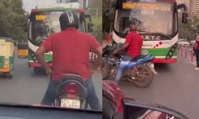 ನಿಯಮ ಉಲ್ಲಂಘಿಸಿದ ಬಸ್ ಚಾಲಕನನ್ನು ತಡೆದ ಬೈಕ್ ಸವಾರ
