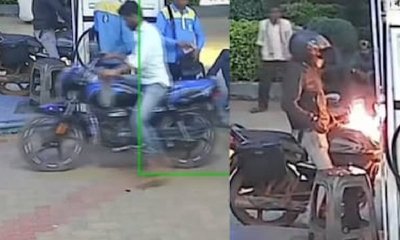 ಪೆಟ್ರೋಲ್ ತುಂಬಿಸುವಾಗ ಬೈಕ್ ಗೆ ಇದ್ದಕ್ಕಿದ್ದಂತೆ ಬೆಂಕಿ: ಭಯಾನಕ ವಿಡಿಯೊ!