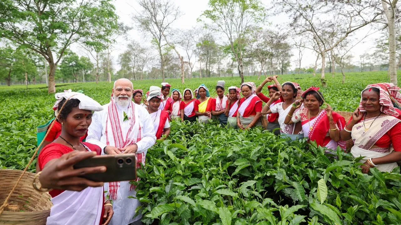 ಅಸ್ಸಾಂನ ಟೀ ಗಾರ್ಡನ್‌ಗೆ ನರೇಂದ್ರ ಮೋದಿ ಭೇಟಿ; ಕಾರ್ಮಿಕರೊಂದಿಗೆ ಚಹಾ ಎಲೆ ಕಿತ್ತು, ಸೆಲ್ಫಿಗೆ ಪೋಸ್‌ ನೀಡಿದ ಪ್ರಧಾನಿ - Image 2