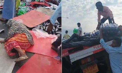 ಜ್ಯೂಸ್ ಬಾಟಲಿಯ ಟ್ರಕ್ ಅಪಘಾತ: ಕೊಂಡೊಯ್ಯಲು ಮುಗಿಬಿದ್ದ ಜನ!