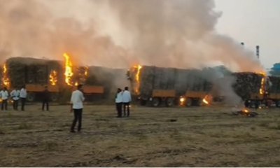 ಬಾಗಲಕೋಟೆಯ ಸೈದಾಪುರದಲ್ಲಿ ಕಬ್ಬು ತುಂಬಿದ್ದ 30 ಟ್ರ್ಯಾಕ್ಟರ್‌ಗಳಿಗೆ ಬೆಂಕಿ