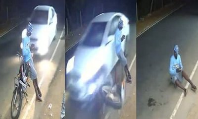ನಿಲ್ಲಿಸಿದ್ದ ಬೈಕ್‌ಗೆ  ಡಿಕ್ಕಿ ಹೊಡೆದ ಕಾರ್‌: ಪ್ರಾಣಾಪಾಯದಿಂದ ಯುವಕ ಪಾರು