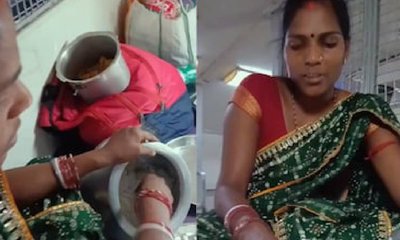 ರೈಸ್ ,ಚಿಕನ್ ಸಾಂಬಾರು ತಂದು ರೈಲಿನ ಅಪ್ಪರ್ ಬರ್ತ್‌ನಿಂದ ಊಟ ಬಡಿಸಿದ ಮಹಿಳೆ