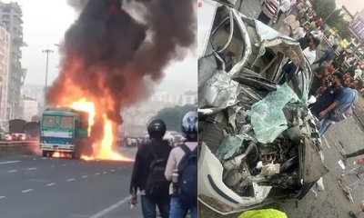 ಟ್ರಕ್‌ಗಳ ನಡುವೆ ಕಾರ್‌ ಸಿಲುಕಿ 8 ಮಂದಿ ಸ್ಥಳದಲ್ಲೇ ಸಾವು