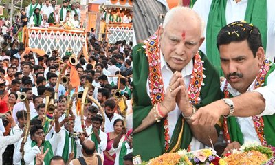 ಬಿಎಸ್‍ವೈ ಅದ್ಧೂರಿ ಪುರಪ್ರವೇಶ; ಪುಷ್ಪವೃಷ್ಟಿ, ಪೂರ್ಣಕುಂಭ ಸ್ವಾಗತ