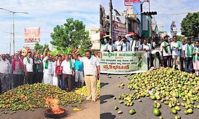 ಕೋಲಾರದಲ್ಲಿ ರಸ್ತೆಗೆ ಮಾವಿನ ಕಾಯಿ ಸುರಿದು ರೈತರ ಪ್ರತಿಭಟನೆ