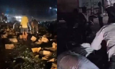 ಬಿಯರ್ ಟ್ರಕ್ ಪಲ್ಟಿ; ಬಾಟಲಿಗಾಗಿ ಮುಗಿಬಿದ್ದ ಜನರು