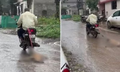 ಬೀದಿ ನಾಯಿಯನ್ನು ಬೈಕ್‍ಗೆ ಕಟ್ಟಿ ಎಳೆದೊಯ್ದ ಪಾಪಿ!