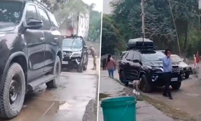 ಫುಟ್‍ಪಾತ್‍ನಲ್ಲಿ ಪ್ರಧಾನಿ ಬೆಂಗಾವಲು ಪಡೆಯ ವಾಹನ ವಾಶ್