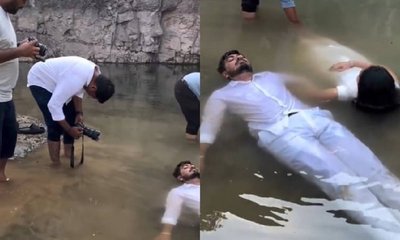 ವಿಚಿತ್ರ ಫೋಟೋ ಶೂಟ್: ನೀರಿನಲ್ಲಿ ಶವದಂತೆ ಮಲಗಿದ ನವ ಜೋಡಿ