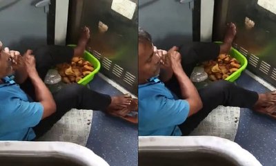 ತಿಂಡಿಯ ಬುಟ್ಟಿಯ ಮೇಲೆ ಕಾಲಿಟ್ಟು ಕುಳಿತ ವ್ಯಾಪಾರಿ!