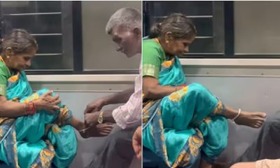 ರೈಲಿನಲ್ಲಿ ಪತ್ನಿಗೆ ಕಾಲ್ಗೆಜ್ಜೆ ತೊಡಿಸಿದ ವೃದ್ಧ ಪತಿ