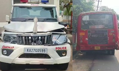 ಸರ್ಕಾರಿ ಬಸ್ಸಿಗೆ ಗುದ್ದಿದ ರುದ್ರಪ್ಪ ಲಮಾಣಿ ಎಸ್ಕಾರ್ಟ್‌ ವಾಹನ