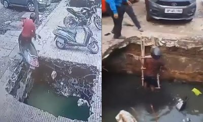 ತೆರೆದ ಚರಂಡಿಗೆ ಬಿದ್ದ ಸ್ಕೂಟರ್, ವಿಶೇಷಚೇತನ ಸವಾರ