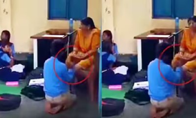 ಶಿಕ್ಷಕಿ ಪಾದವನ್ನು ಮಸಾಜ್ ಮಾಡಿದ ವಿದ್ಯಾರ್ಥಿ