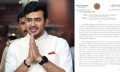 ಎಲ್‌ಪಿಜಿ ಪೂರೈಕೆ ಕೊರತೆ, ಸರಿಪಡಿಸಲು ಸಂಸದ ತೇಜಸ್ವಿ ಸೂರ್ಯ ಮನವಿ