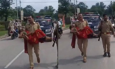 ಗಾಯಾಳುವನ್ನು ಎತ್ತಿಕೊಂಡು ಓಡಿದ ಪೊಲೀಸ್ ನಡೆಗೆ ವ್ಯಾಪಕ ಟೀಕೆ