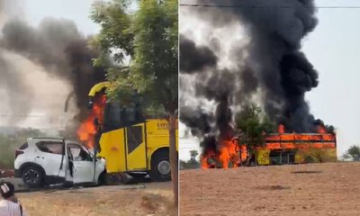 ಯಾದಗಿರಿ ಬಳಿ ಡಿಕ್ಕಿಯಾಗಿ ಹೊತ್ತಿ ಉರಿದ ಕಾರು- ಬಸ್ಸು, 7 ಮಂದಿ ಸಾವು