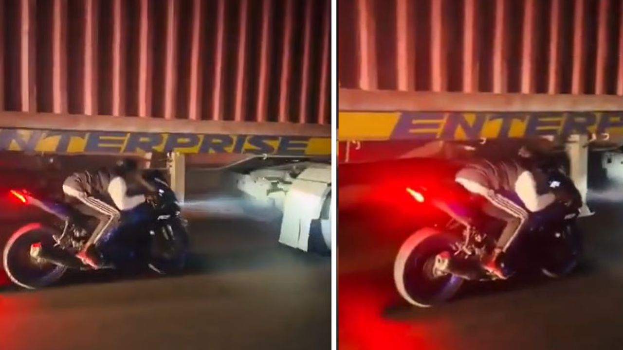 ಚಲಿಸುವ ಟ್ರಕ್‌ ಕೆಳಗೆ ಬೈಕ್‌ ಓಡಿಸಿ ಯುವಕನಿಂದ ಹುಚ್ಚಾಟ