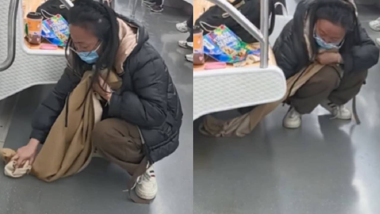 ರೈಲಿನಲ್ಲಿ ಚೆಲ್ಲಿದ ಟೀ ಸ್ವಚ್ಛಗೊಳಿಸಲು ಸ್ಕಾರ್ಫ್ ಬಳಸಿದ ಮಹಿಳೆ