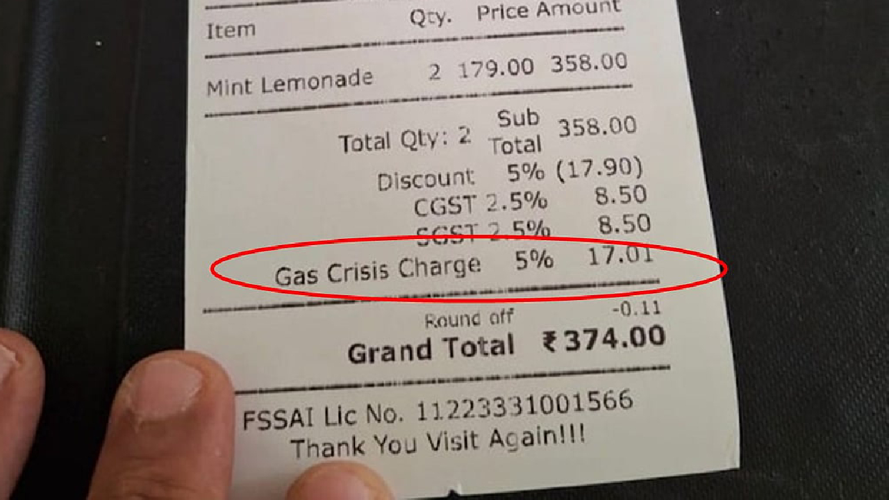 ಬೆಂಗಳೂರಿನ ಕೆಫೆಯಲ್ಲಿ ನಿಂಬೆ ಪಾನಕಕ್ಕೂ ಶೇ.5 ರಷ್ಟು ಗ್ಯಾಸ್‌ ಚಾರ್ಜ್‌