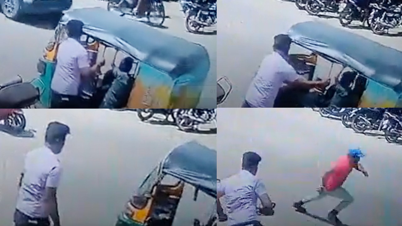 ಮಕ್ಕಳಿದ್ದ ಆಟೋವನ್ನು ನ್ಯೂಟ್ರಲ್ ಮಾಡಿ ಹಿಂದಕ್ಕೆ ತಳ್ಳಿದ ಬೈಕ್ ಸವಾರ!