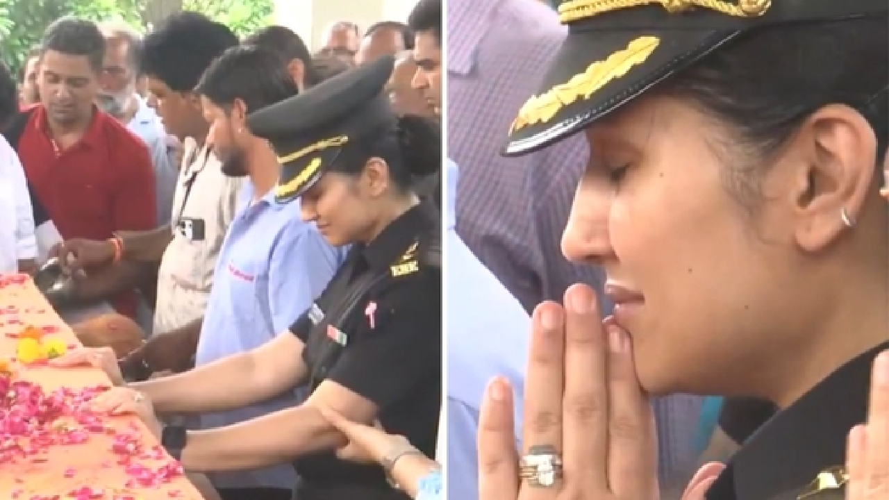 ಹೆಲಿಕಾಪ್ಟರ್ ಪತನದಲ್ಲಿ ಮಡಿದ ಪತಿಗೆ ವಿದಾಯ ಸಲ್ಲಿಸಿದ ಸೇನಾಧಿಕಾರಿ