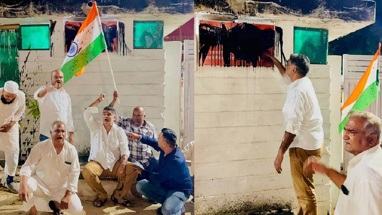 ಬಿಜೆಪಿ ಸಚಿವನ ಮನೆಯ ನಾಮಫಲಕಕ್ಕೆ ಮಸಿ ಬಳಿದ ಕಾಂಗ್ರೆಸ್ ನಾಯಕ