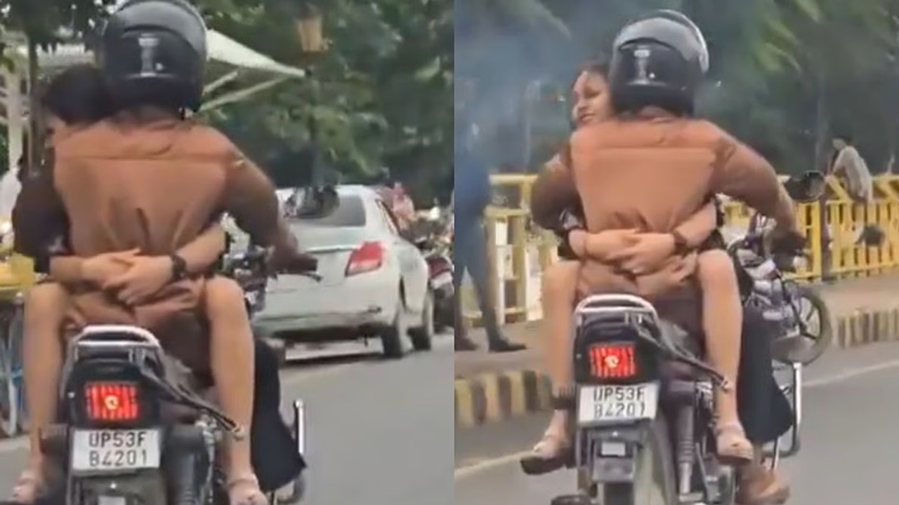 ಚಲಿಸುತ್ತಿರುವ ಬೈಕ್ನಲ್ಲಿ ಪ್ರೇಮಿಗಳ ಸರಸ; ವಿಡಿಯೊ ವೈರಲ್