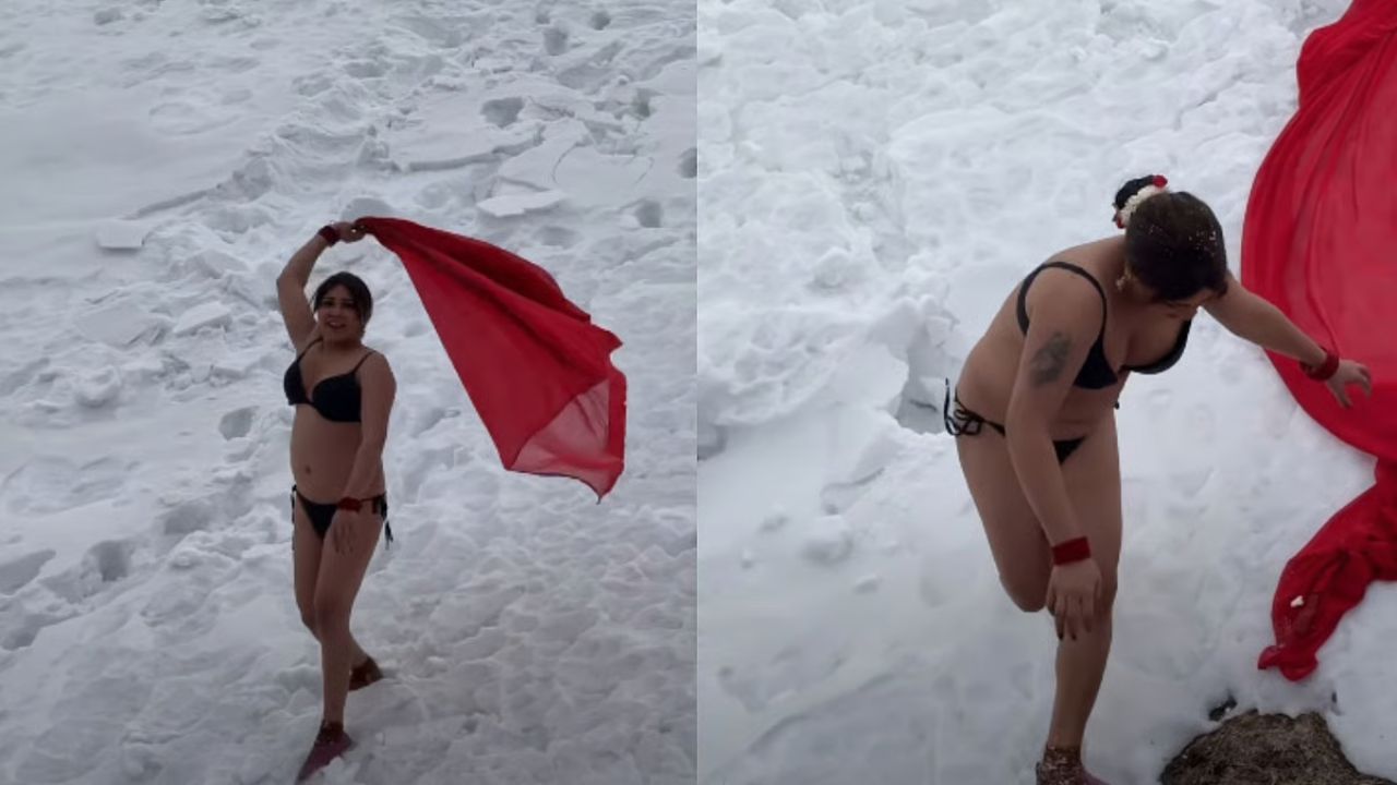 ಸ್ನೋ ಫಾಲ್ ನಡುವೆ ಬಿಕಿನಿ ಧರಿಸಿದ ಮಹಿಳೆಯ ಡ್ಯಾನ್ಸ್‌