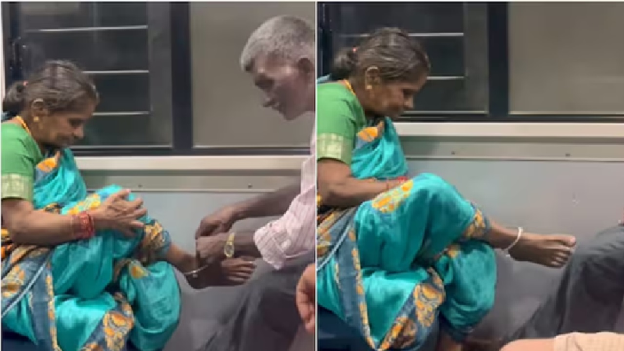 ರೈಲಿನಲ್ಲಿ ಪತ್ನಿಗೆ ಕಾಲ್ಗೆಜ್ಜೆ ತೊಡಿಸಿದ ವೃದ್ಧ ಪತಿ
