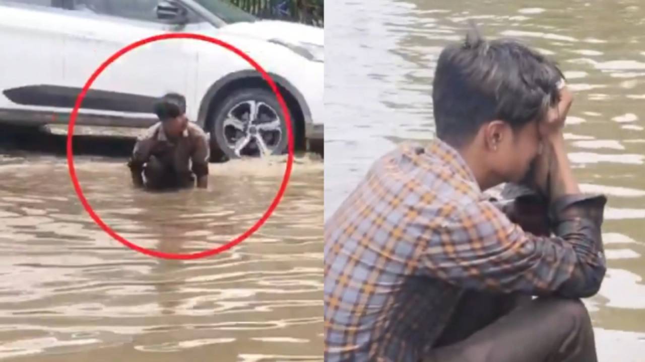 ಪ್ರವಾಹದ ನೀರಿನಲ್ಲಿ ಮೊಬೈಲ್‍ಗಾಗಿ ಯುವಕನ ಗೋಳಾಟ- ವಿಡಿಯೊ ನೋಡಿ